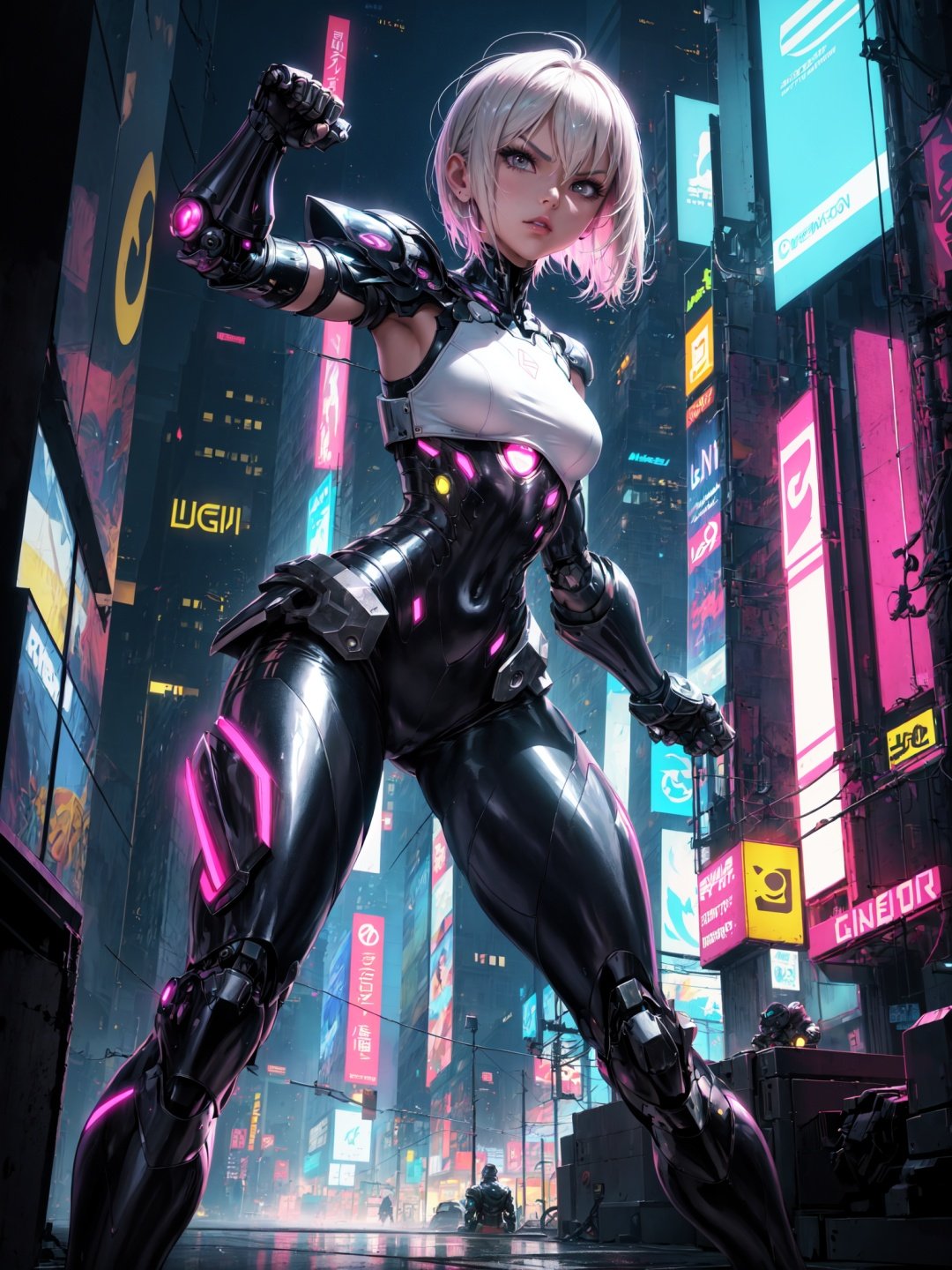 Best quality, masterpiece, (the city cyberpunk background:1.1),neon light ,Edge light,dramatic angle,(fighting pose:1.2), 1girl,((slender body,small breast,solo)), (armor),