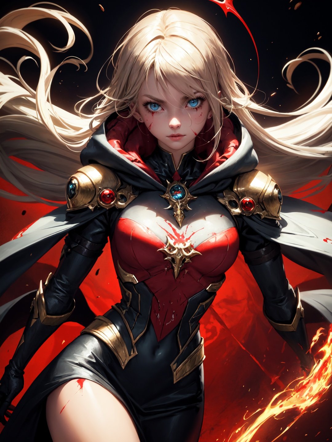 (best quality, masterpiece),1 girl, aquamarine eyes, medium blonde messy hair,, looking down, solo, upper body, detailed background, detailed face,eyes ablaze with evil power, vampiric hemomancer, crimson aristocratic robes, capelet, hood, dynamic movement, red magical symbols floating in the air, floating particles, blood droplets, particle effects, hemomancy, blood dripping, blood swirls in background, surrounded by red fog, epic atmosphere,