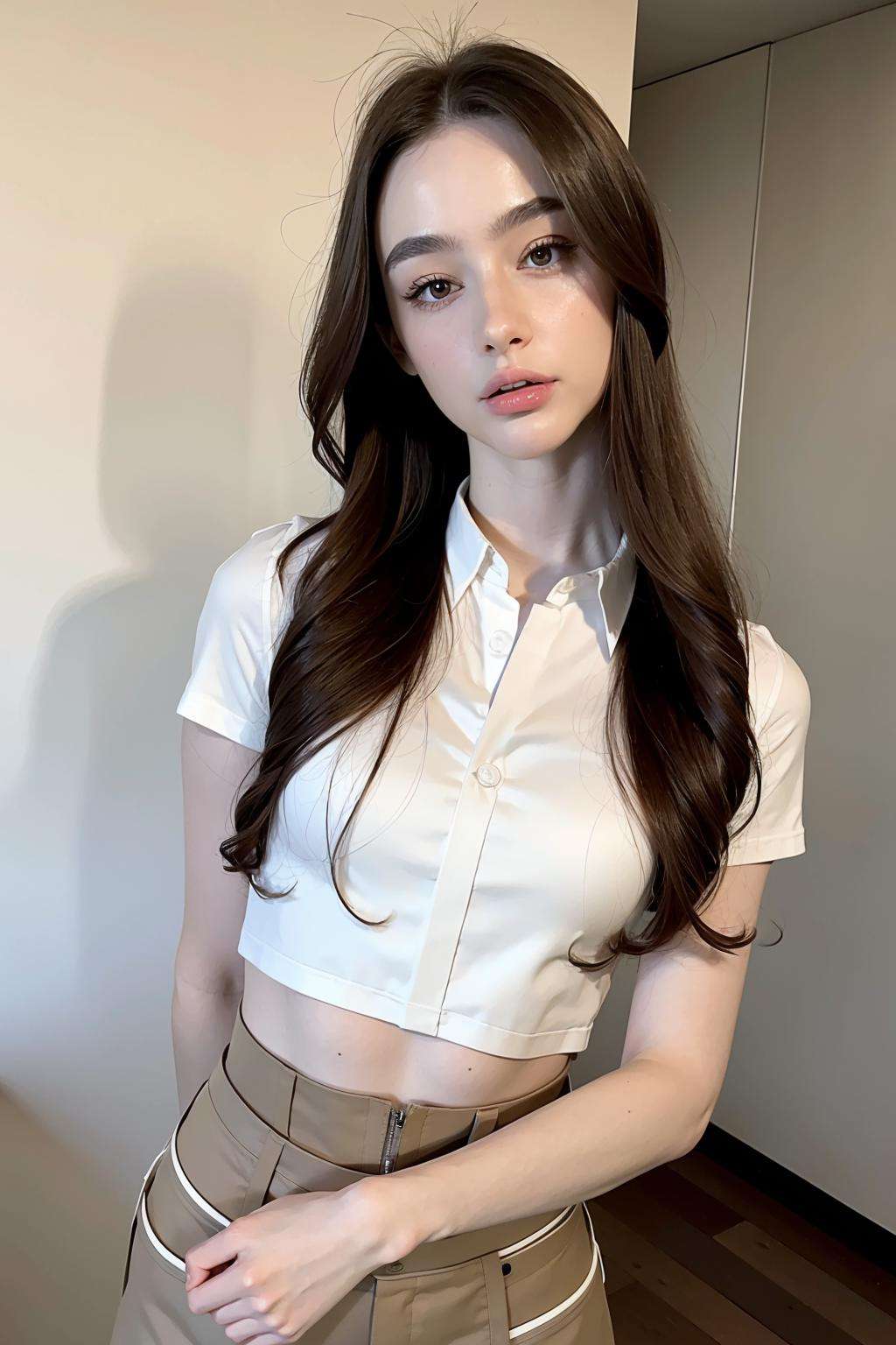 <lora:Dasha:0.8> 1girl, wearing school uniform, long_hair, solo, breasts, looking_at_viewer, lips, realistic, upper_body, brown_eyes, cute, pale skin, realistic humid skin, extremely detailed face, extemely detailed eyes, v-shaped slim face, kpop makeup, BREAK, lanky, 173cm, 49kg, supermodel shape, 8.5 heads figure, small breasts, toned butt, thigh gap