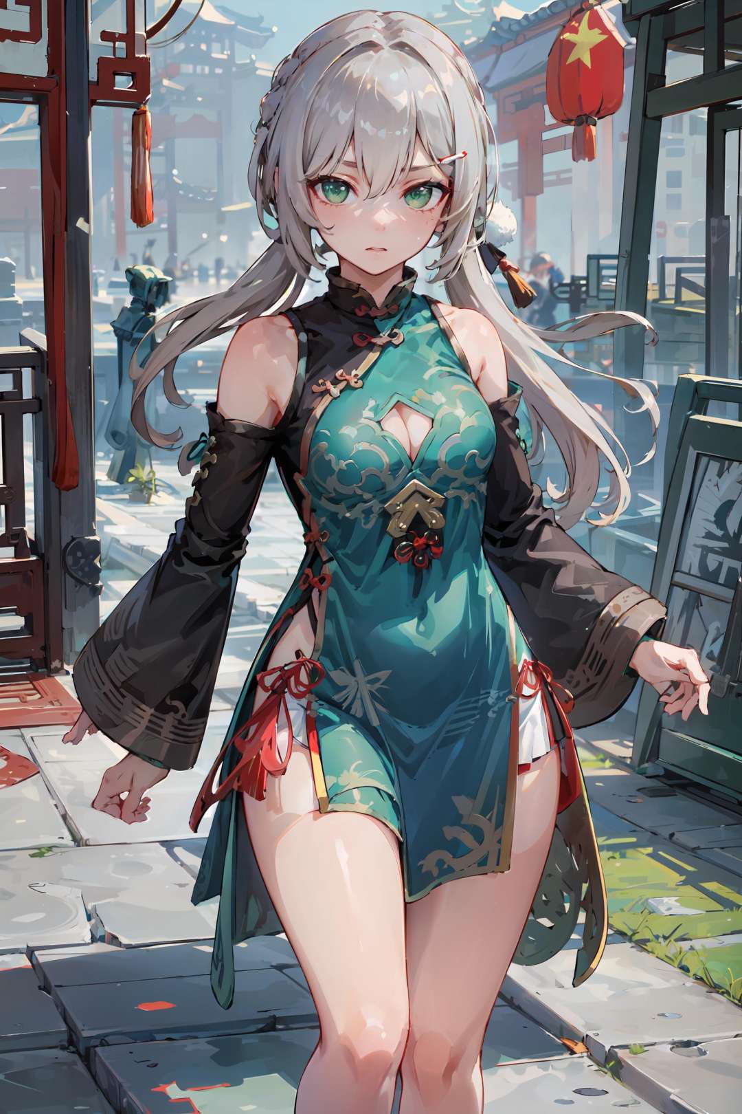 masterpiece, best quality, 1girl,  green eyes, <lora:StarRail_Qingque_AP_v1:0.7>,(chinese clothes, china dress:1.4),