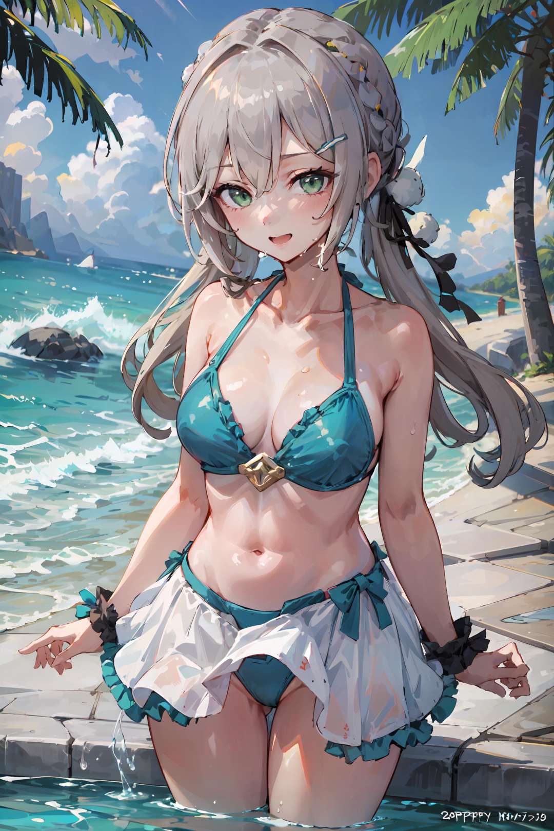 masterpiece, best quality, 1girl,  green eyes, <lora:StarRail_Qingque_AP_v1:0.7>,swimsuit, bikini, frills, ribbon, happy, beach, wet,