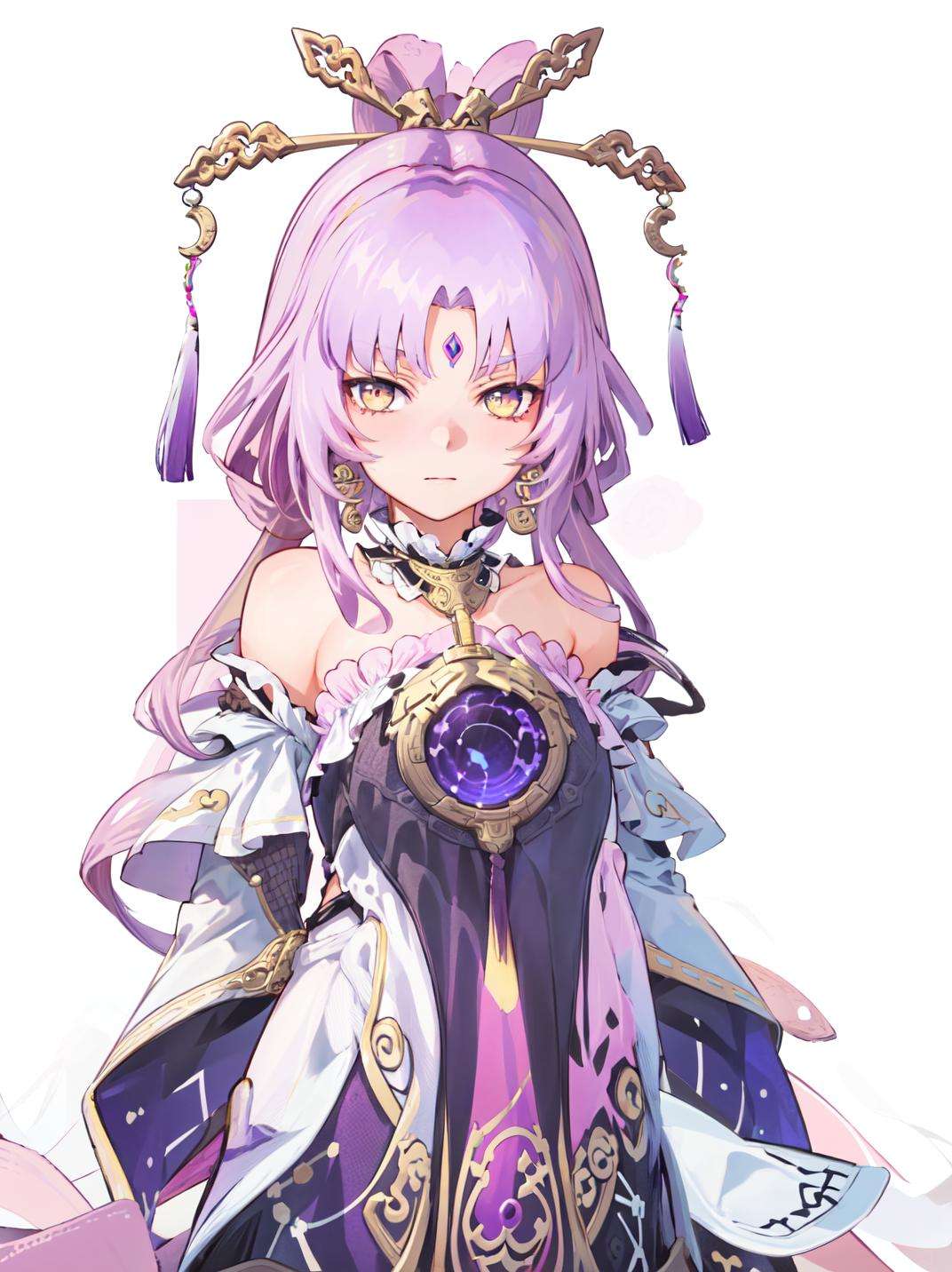 masterpiece, best quality, <lora:StarRail_Fuxuan_AP_v1:0.85>, 1girl, official, loli, purple and yellow eyes, purple hair, bare shoulders, detached sleeves, hair ornament, upper body, looking at viewer, pink background, simple background,  white background, 