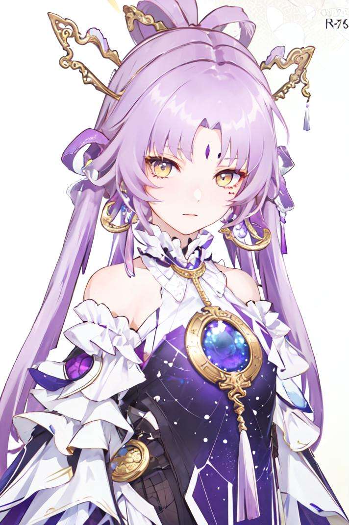 masterpiece, best quality, 1girl, official, purple and yellow eyes, purple hair, bare shoulders, detached sleeves, low twintails, upper body, looking at viewer, simple background, yellow background, white background, 