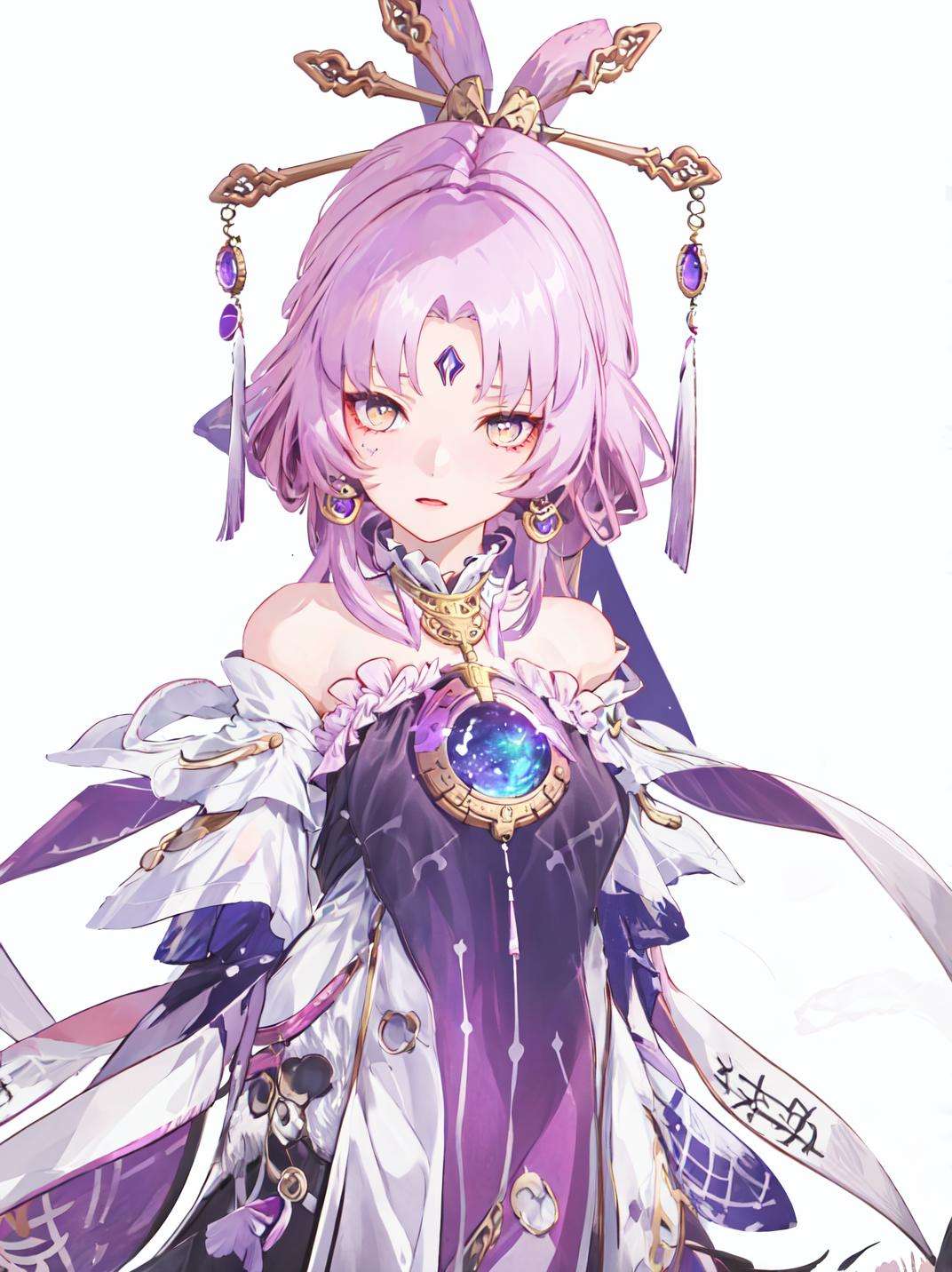 masterpiece, best quality, <lora:StarRail_Fuxuan_AP_v1:0.85>, 1girl, official, loli, purple and yellow eyes, purple hair, bare shoulders, detached sleeves, hair ornament, upper body, looking at viewer, pink background, simple background,  white background, 