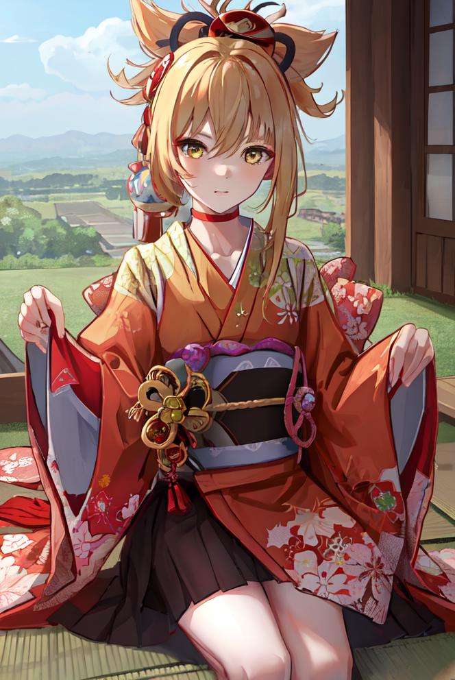 masterpiece, best quality,  <lora:Genshin_Yoimiya_AP_v1:0.6:LESS>, 1girl, yoimiya \(genshin impact\), blonde hair, yellow eyes, (japanese clothes), ((kimono)), 