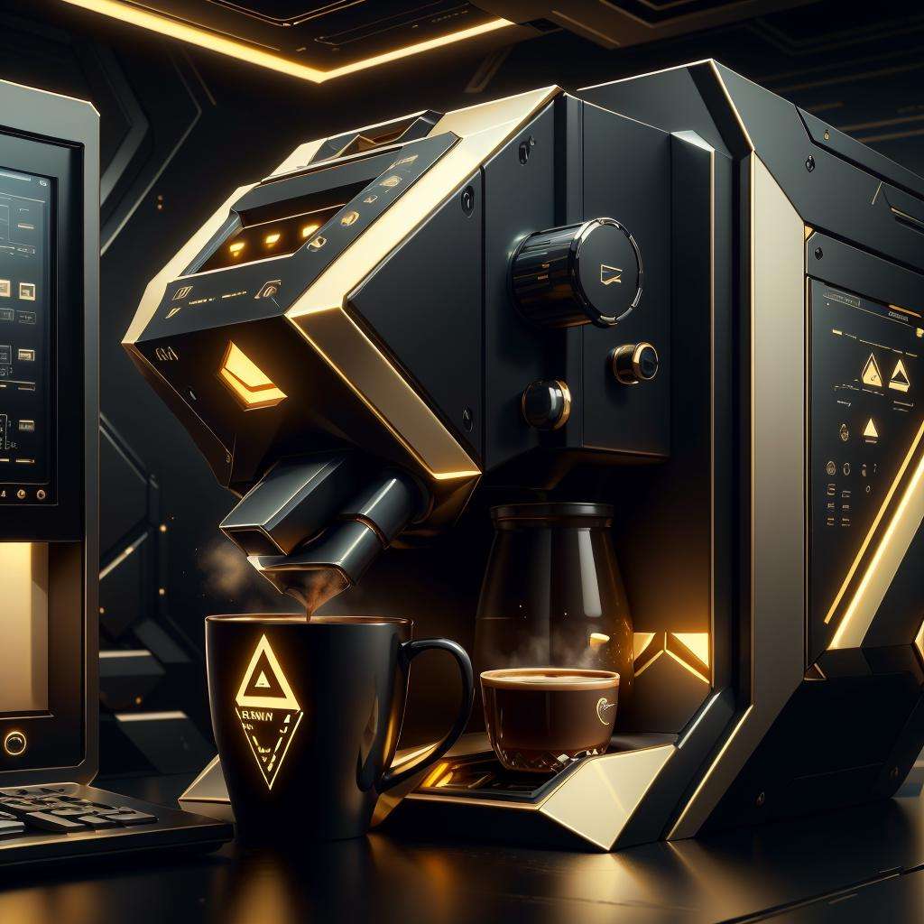 <lora:LuxTech-20:0.8>,luxtech ,scifi, luxurious, gold, cyberpunk, coffee machine , coffee mug, 