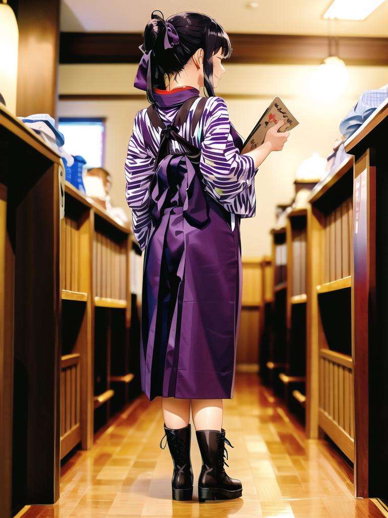 masterpiece, best quality, ultra-detailed, extremely detailed, illustration,BMC, 1girl, solo, (yagasuri), japanese clothes, closed eyes, indoors, skirt, hakama, hakama skirt, realistic, kimono, holding, menu, black hair, ponytail,  ,boots, cross-laced footwear, lace-up boots,  smile, meiji schoolgirl uniform, tasuki,  ribbon, full body, hair ribbon, purple hakama, wooden floor, looking back, <lora:BasyamichiV6:0.8>