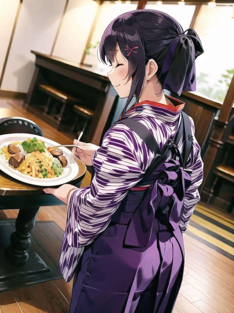 masterpiece, best quality, ultra-detailed, extremely detailed, illustration,BMC, 1girl, solo, (yagasuri), japanese clothes, food, plate, closed eyes, indoors, skirt, hakama, hakama skirt, realistic, kimono, holding, black hair, ponytail,  , boots, cross-laced footwear, lace-up boots,  smile, meiji schoolgirl uniform, tasuki,  ribbon, full body, hair ribbon, purple hakama, wooden floor, looking back, <lora:BasyamichiV6:0.8>