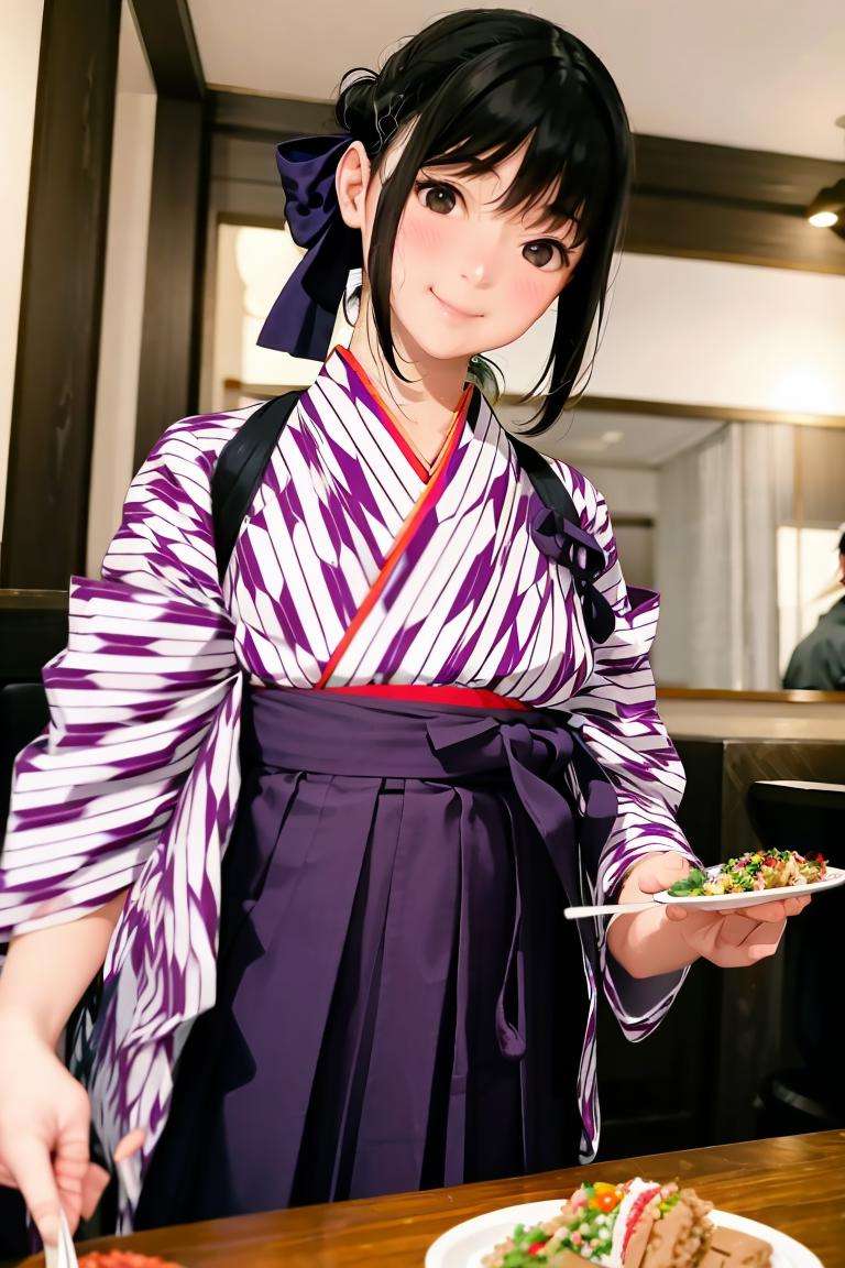 masterpiece, best quality, ultra-detailed, illustration,BMC, yagasuri, japanese clothes, 1girl, realistic, smile, waitress, hakama skirt, food, hakama, solo focus, real life insert, skirt, brown hair, yagasuri, <lora:BasyamichiV6:0.8>