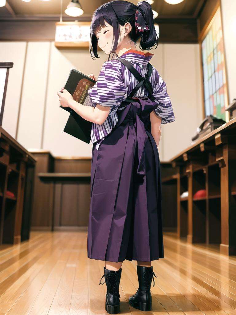 masterpiece, best quality, ultra-detailed, extremely detailed, illustration,BMC, 1girl, solo, (yagasuri), japanese clothes, closed eyes, indoors, skirt, hakama, hakama skirt, realistic, kimono, holding, menu, black hair, ponytail,  ,boots, cross-laced footwear, lace-up boots,  smile, meiji schoolgirl uniform, tasuki,  ribbon, full body, hair ribbon, purple hakama, wooden floor, looking back, <lora:BasyamichiV6:0.8>