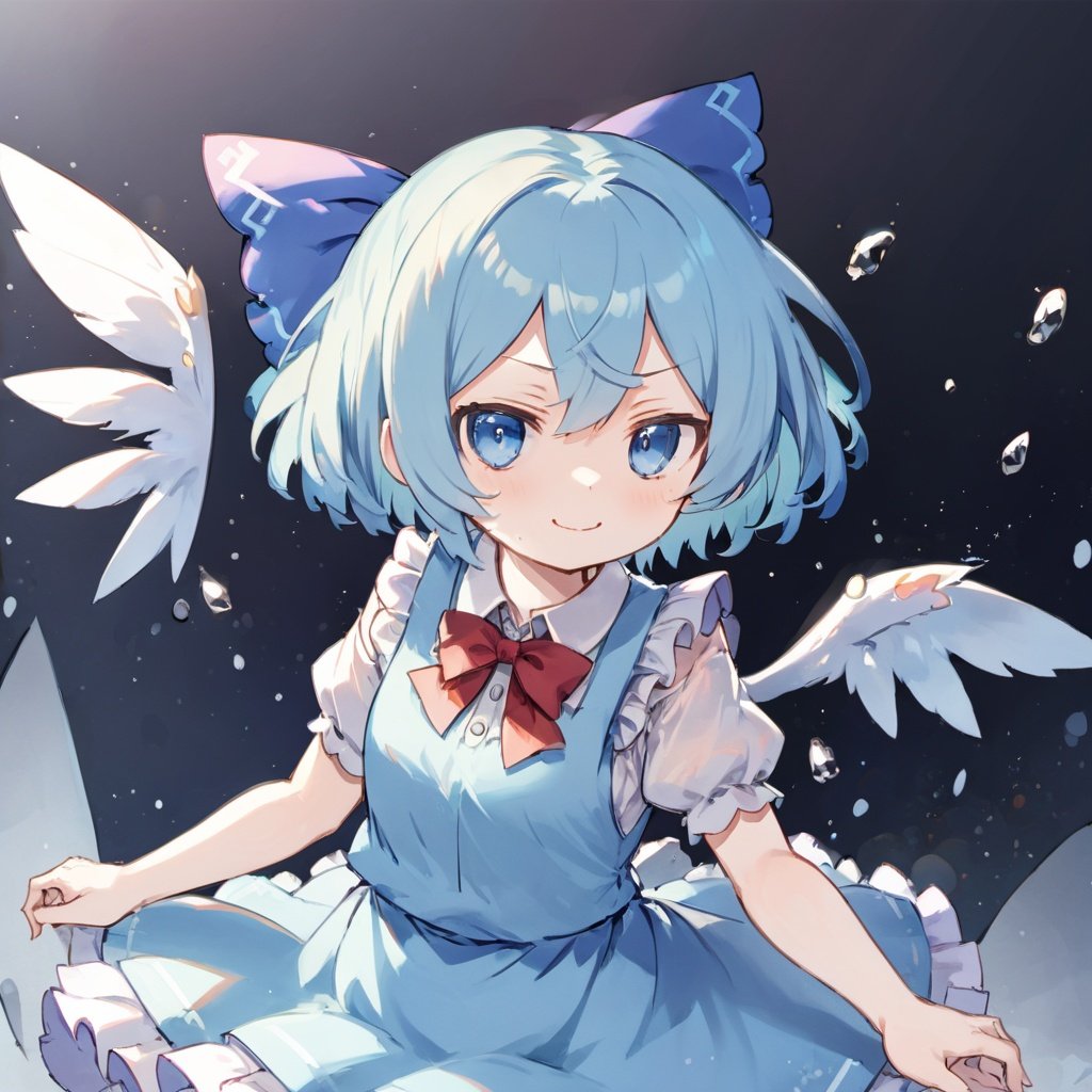 fumo, cirno, dress, wings, 1girl, blue dress, solo, ice wings, white shirt, shirt, collared shirt, short sleeves, blue eyes, blue hair, short hair, bow, ice, fairy, hair bow, blue bow, pinafore dress, smile