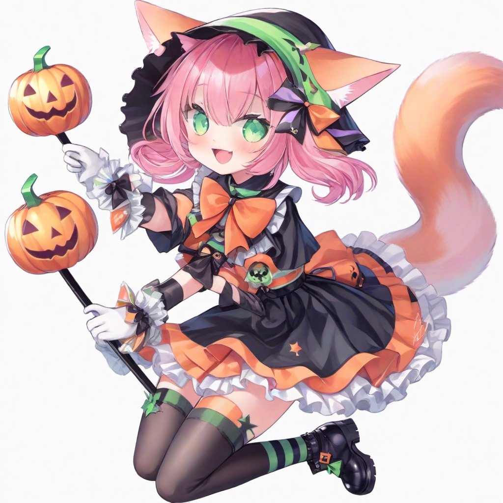 1girl, animal ears, tail, cat tail, cat ears, one eye closed, tail ornament, pink hair, hat, green eyes, chibi, capelet, solo, striped, smile, tail bow, broom, gloves, open mouth, fang, cat girl, broom riding, bow, black gloves, halloween, twitter username, thighhighs, ;d, blush, animal ear fluff, ghost, black headwear, hair ornament, long hair, hairclip, heart, striped thighhighs, looking at viewer, jack-o'-lantern, frills, two side up, black capelet, bangs, food, star (symbol), witch hat, black footwear, full body, shorts, white background, candy, orange bow, hair bow, holding, skirt, dress, frilled capelet, tail ribbon, candy wrapper, ribbon