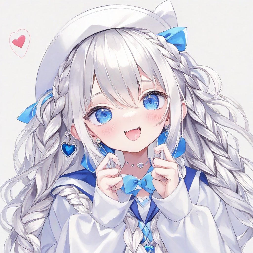 1girl, solo, blue eyes, tongue, long hair, tongue out, heart, looking at viewer, earrings, jewelry, blush, hair ornament, long sleeves, braid, white background, ahoge, hat, white hair, smile, bangs, blurry, one side up, simple background, virtual youtuber, bow