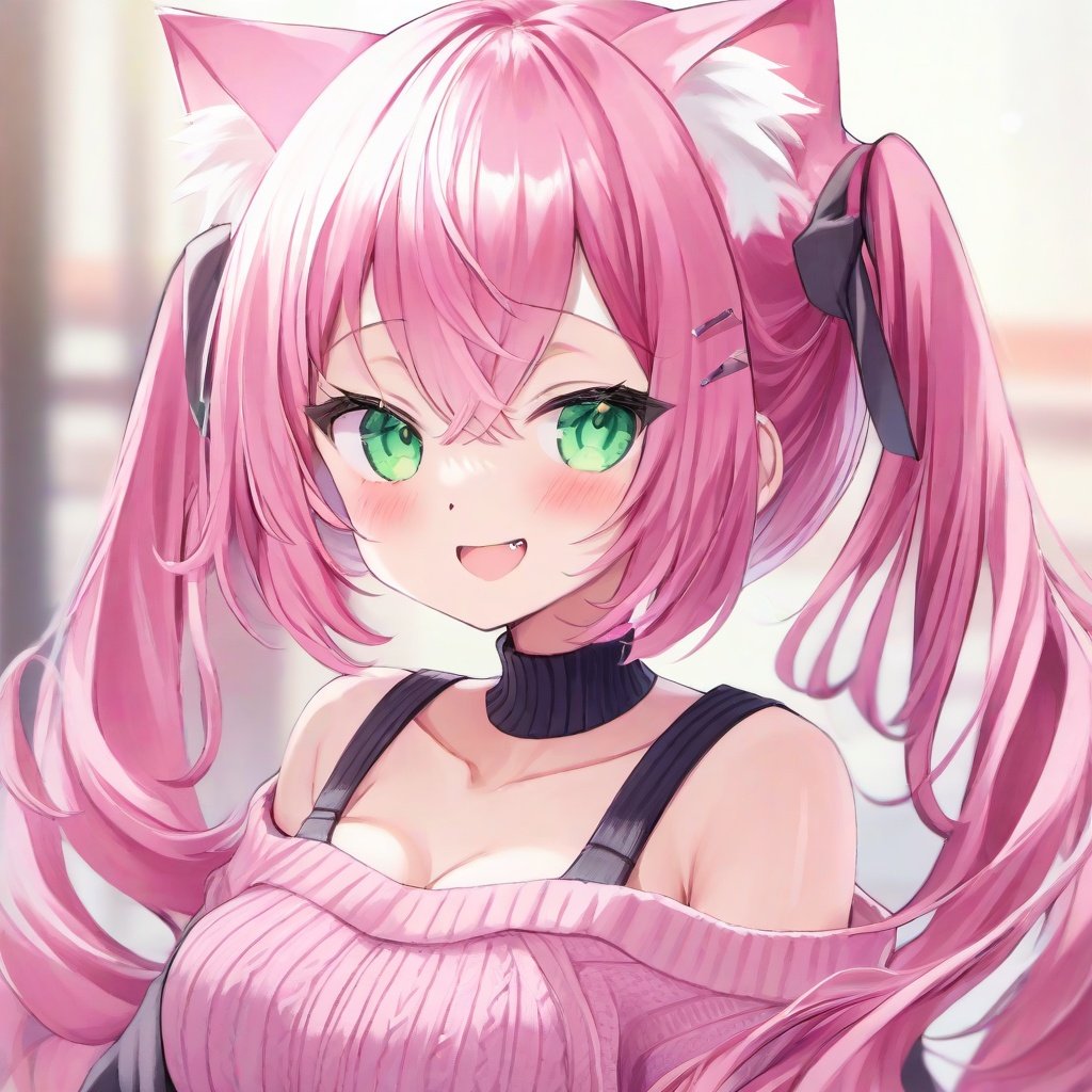 1girl, solo, green eyes, animal ears, pink hair, animal ear fluff, cat ears, looking at viewer, smile, blush, sweater, long hair, breasts, upper body, open mouth, bare shoulders, bangs, off shoulder, sleeveless, blurry, ribbed sweater, blurry background, sleeveless sweater, two side up, medium breasts, virtual youtuber, hair between eyes