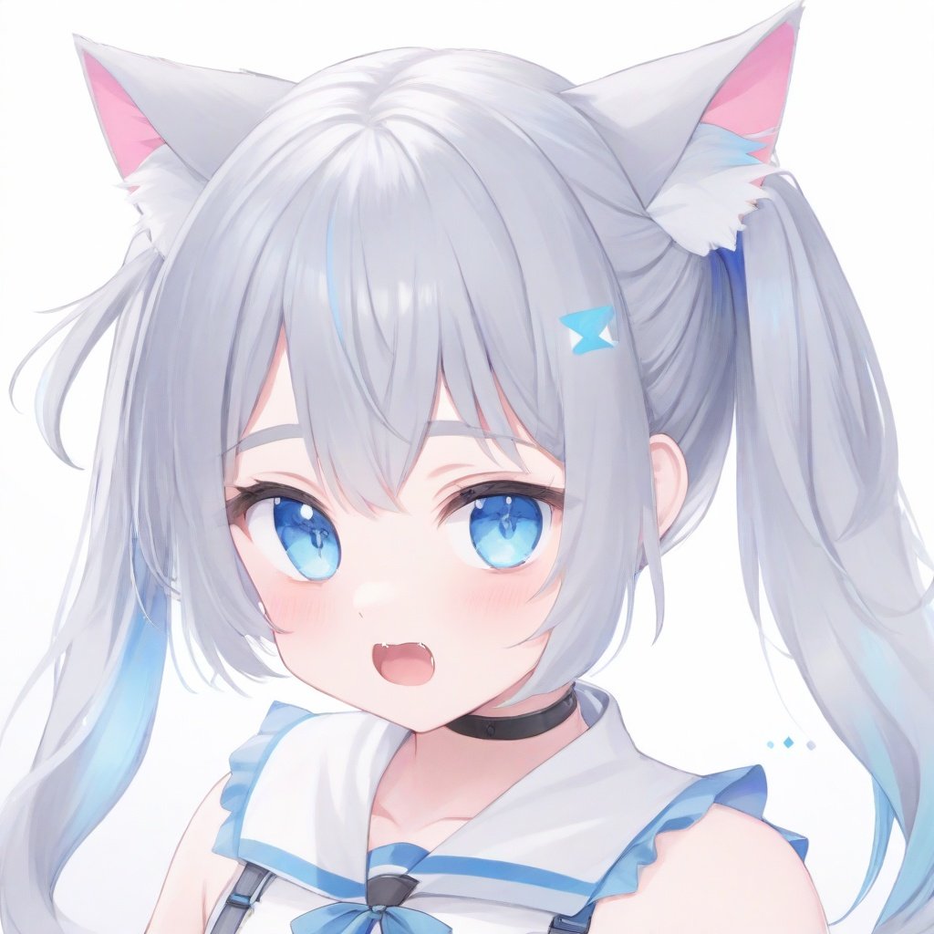 1girl, animal ears, virtual youtuber, gawr gura, blue eyes, solo, cat ears, streaked hair, multicolored hair, blue hair, looking at viewer, grey hair, fang, bangs, hair ornament, open mouth, side ponytail, blush, upper body, teeth, white shirt, cube hair ornament, shirt, long hair, official alternate costume