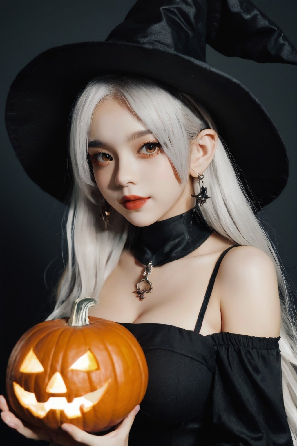 1girl,solo,earrings,jewelry,hat,red eyes,mask,jack-o'-lantern,pointy ears,looking at viewer,long hair,witch hat,halloween,upper body,dress,pumpkin,white hair,black dress,breasts,black headwear,glowing,bangs,closed mouth,witch,thorns,black background,lips,medium breasts,fire,artist name,english text