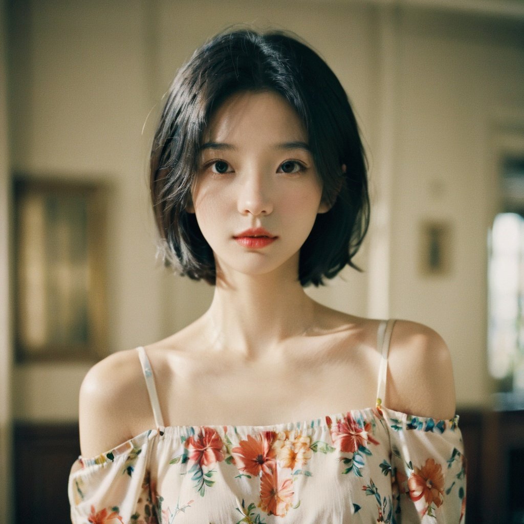 FilmGirl, 1girl, solo, looking at viewer, black hair, short hair, upper body, black eyes, lips, realistic, floral print, bare shoulders, closed mouth, collarbone, forehead, blurry, indoors, blurry background, off shoulder, shirt