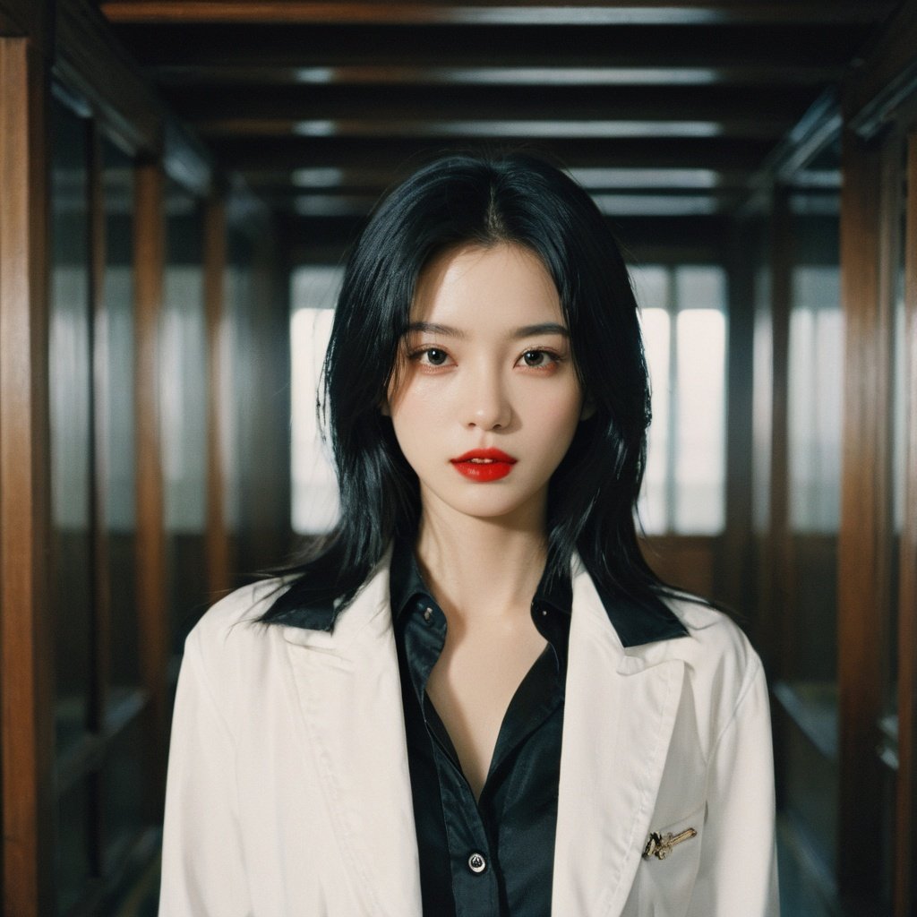 FilmGirl, 1girl, solo, black hair, long hair, black eyes, shirt, jacket, white shirt, realistic, upper body, indoors, looking at viewer, lips, black jacket, red lips