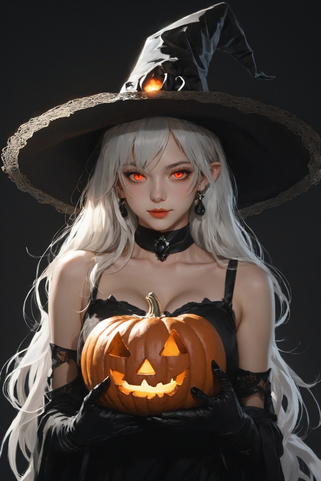  1girl,solo,earrings,jewelry,hat,red eyes, (cleavage:1.3),mask,jack-o'-lantern,pointy ears,looking at viewer,long hair,witch hat,halloween,upper body,dress,pumpkin,white hair,black dress,breasts,black headwear,glowing,bangs,closed mouth,witch,thorns,black background,lips,medium breasts,fire,artist name,english text