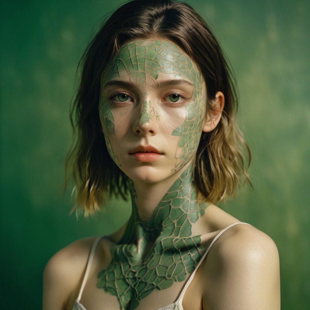 1girl in, surrealism, Verism, Anatomically correct, Textured skin, masuter piece, high details, awardwinning, hight resolution, 8K,Unevenness of the skin,20yr old, green backgroud,FilmGirl