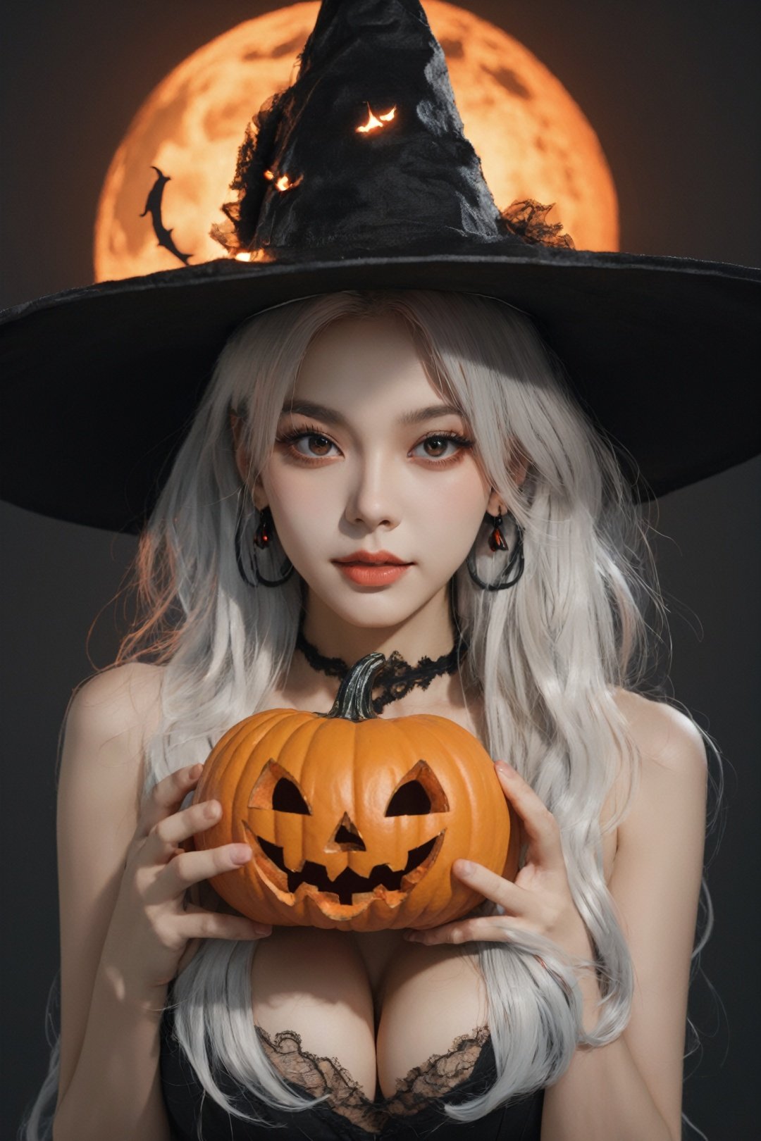  1girl,solo,earrings,jewelry,hat,red eyes, (cleavage:1.3),mask,jack-o'-lantern,pointy ears,looking at viewer,long hair,witch hat,halloween,upper body,dress,pumpkin,white hair,black dress,breasts,black headwear,glowing,bangs,closed mouth,witch,thorns,black background,lips,medium breasts,fire,artist name,english text