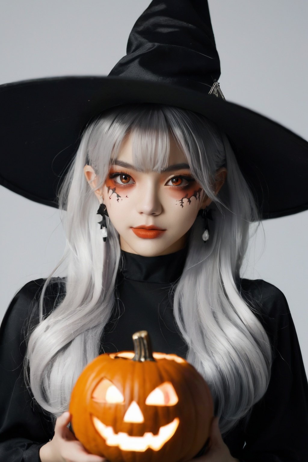 1girl,solo,earrings,jewelry,hat,red eyes,mask,jack-o'-lantern,pointy ears,looking at viewer,long hair,witch hat,halloween,upper body,dress,pumpkin,white hair,black dress,breasts,black headwear,glowing,bangs,closed mouth,witch,thorns,black background,lips,medium breasts,fire,artist name,english text