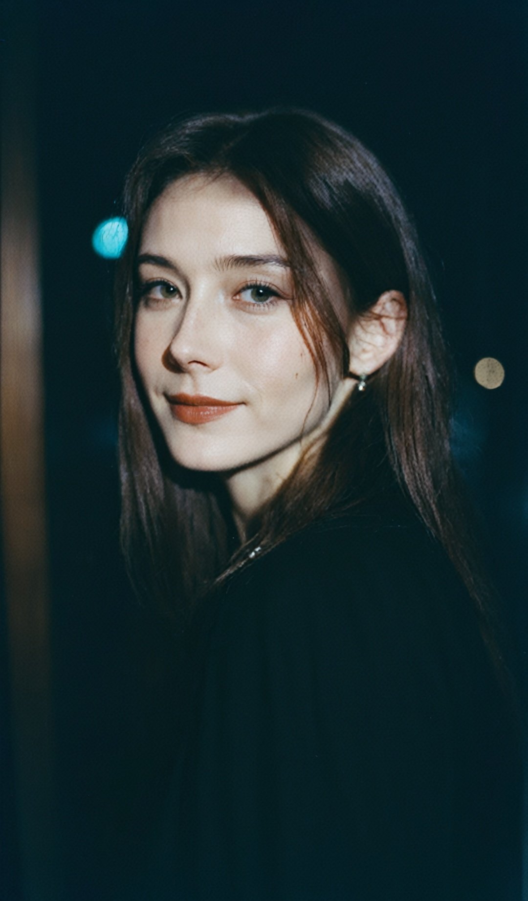 portrait of a woman,film, graininess,smile,cold,dark theme,exposure,pearcing,FilmGirl,,aesthetic portrait,