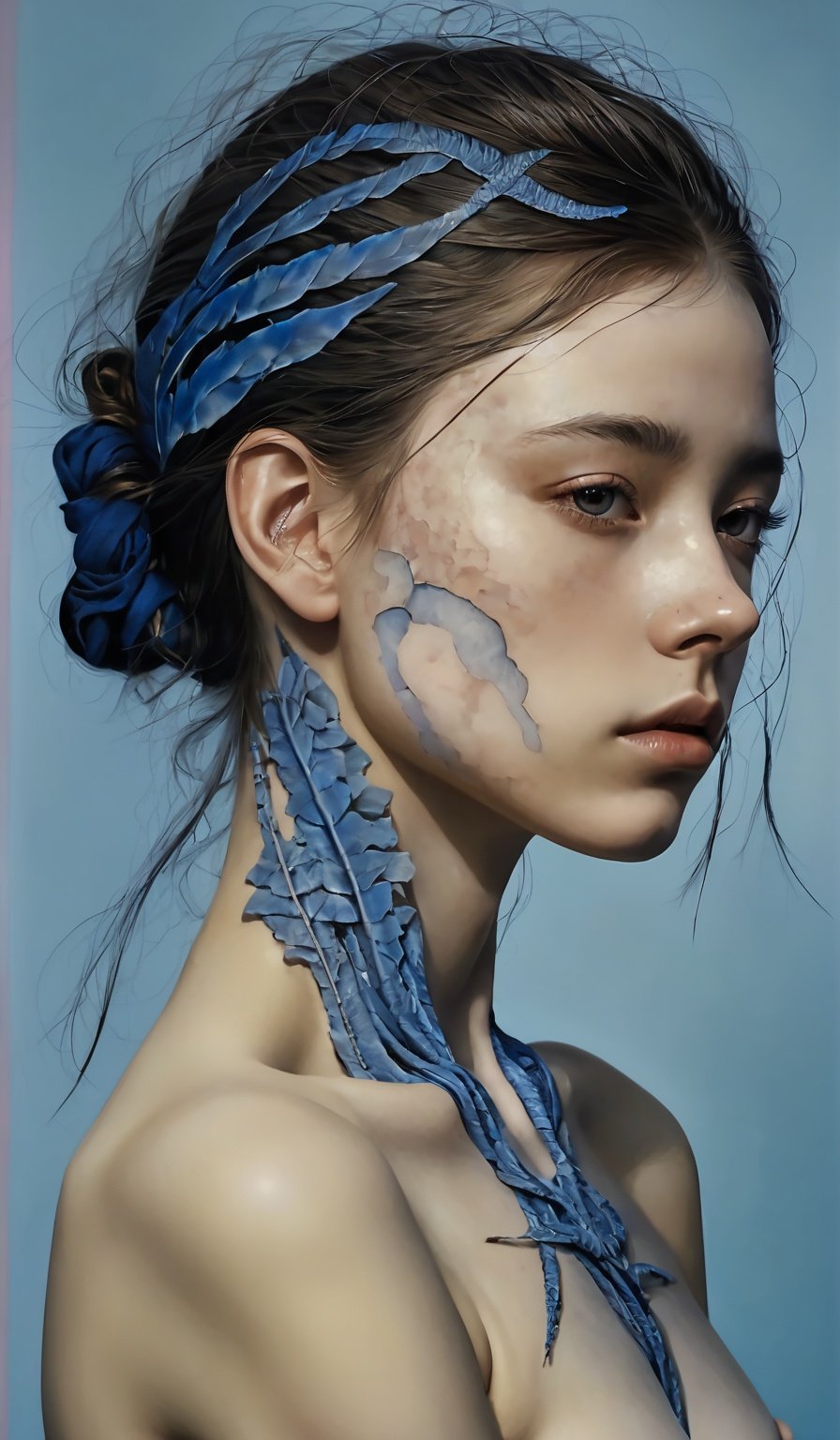 1girl in, surrealism, Verism, Anatomically correct, Textured skin, masuter piece, high details, awardwinning, hight resolution, 8K,Unevenness of the skin,20yr old, blue backgroud