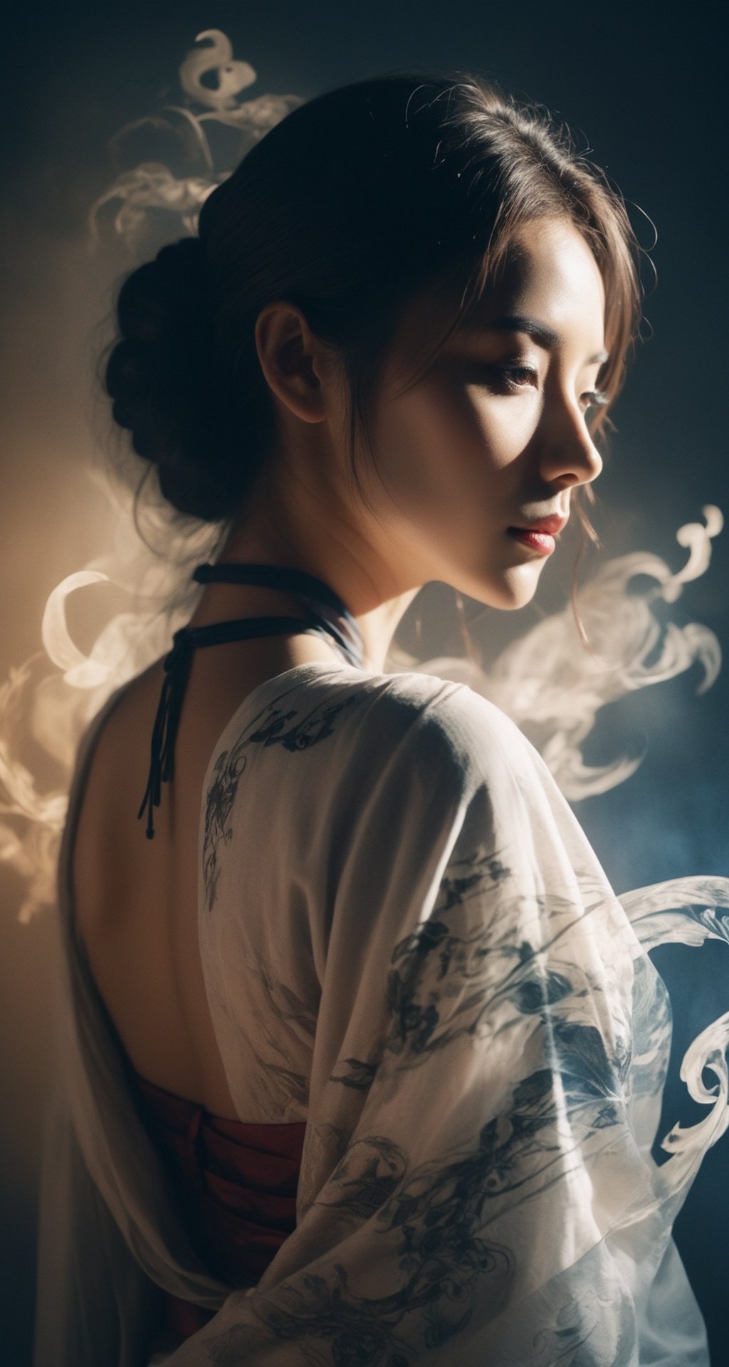 Double Exposure Style, Volumetric Lighting, a girl with Wrap top,arching her back,Traditional Attire,Artistic Calligraphy and Ink,, light depth, dramatic atmospheric lighting, Volumetric Lighting, double image ghost effect, image combination, double exposure style,FilmGirl