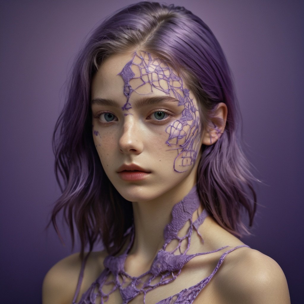 1girl in, surrealism, Verism, Anatomically correct, Textured skin, masuter piece, high details, awardwinning, hight resolution, 8K,Unevenness of the skin,20yr old, purple backgroud,FilmGirl