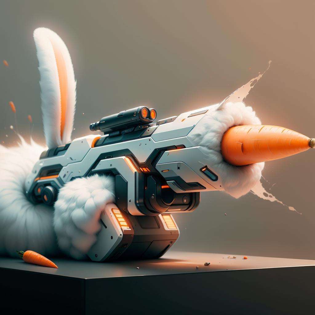 <lora:BunnyTech-20:1>,bunnytech ,   fluffy  ,  scifi,  carrots, rifle on a table, (simple background:1.3),rocket launcher, 
