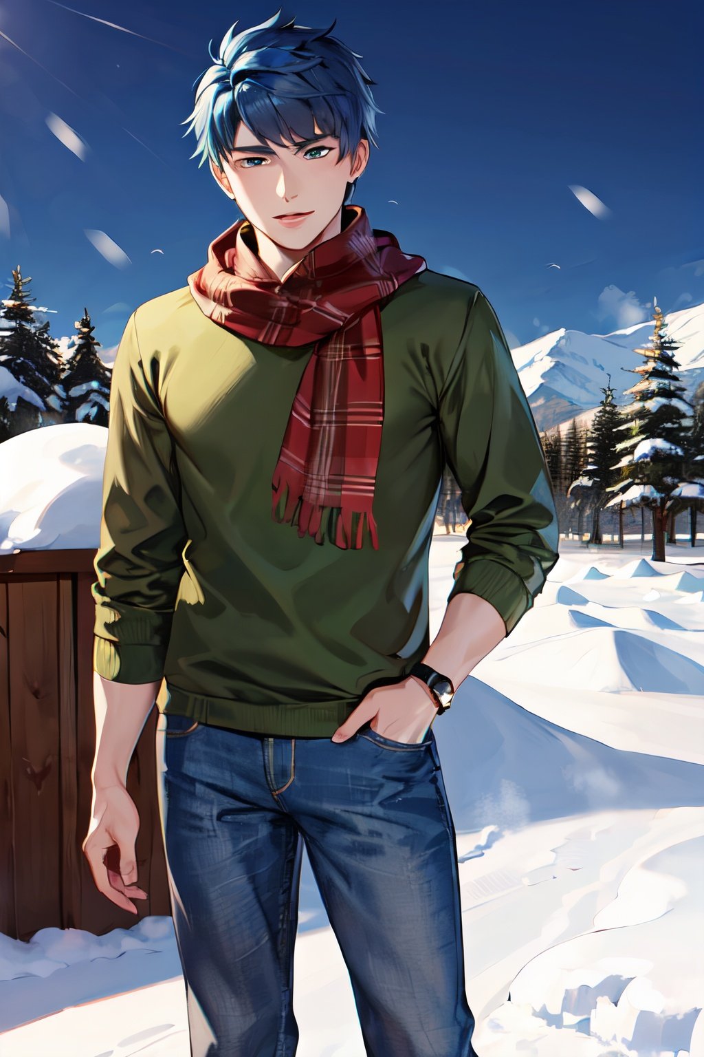 masterpiece, best quality, highres, 1boy, ike, blue eyes, green sweater, jeans, scarf, snow, blue hair