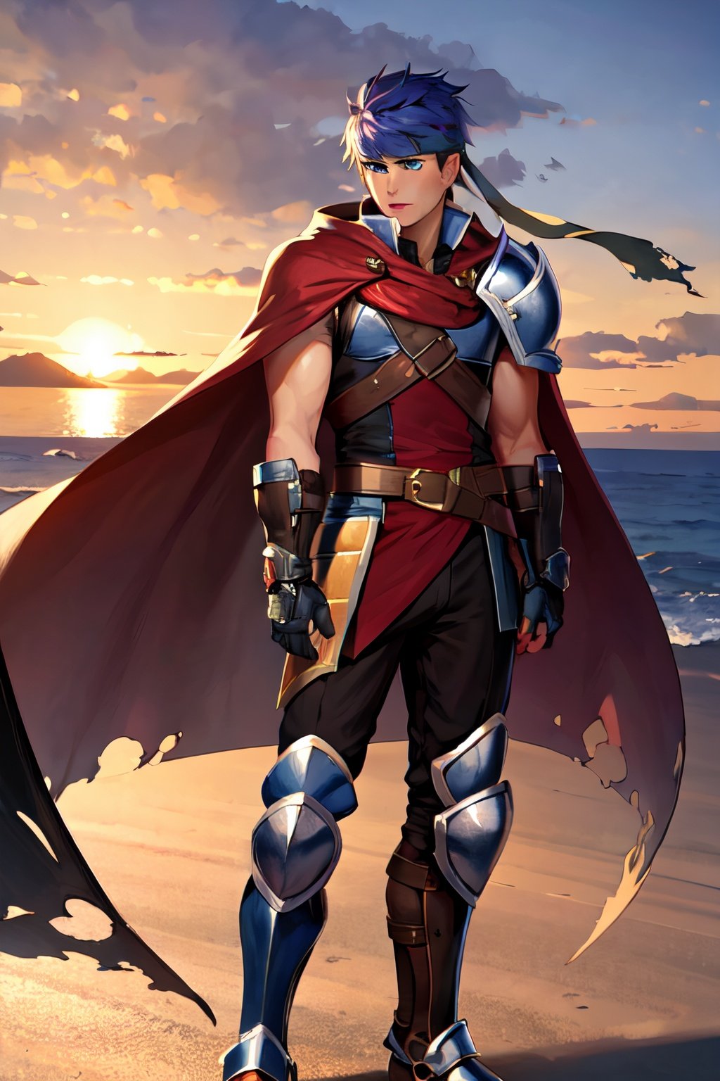 masterpiece, best quality, highres, 1boy, ike, blue eyes, armor, headband, cape