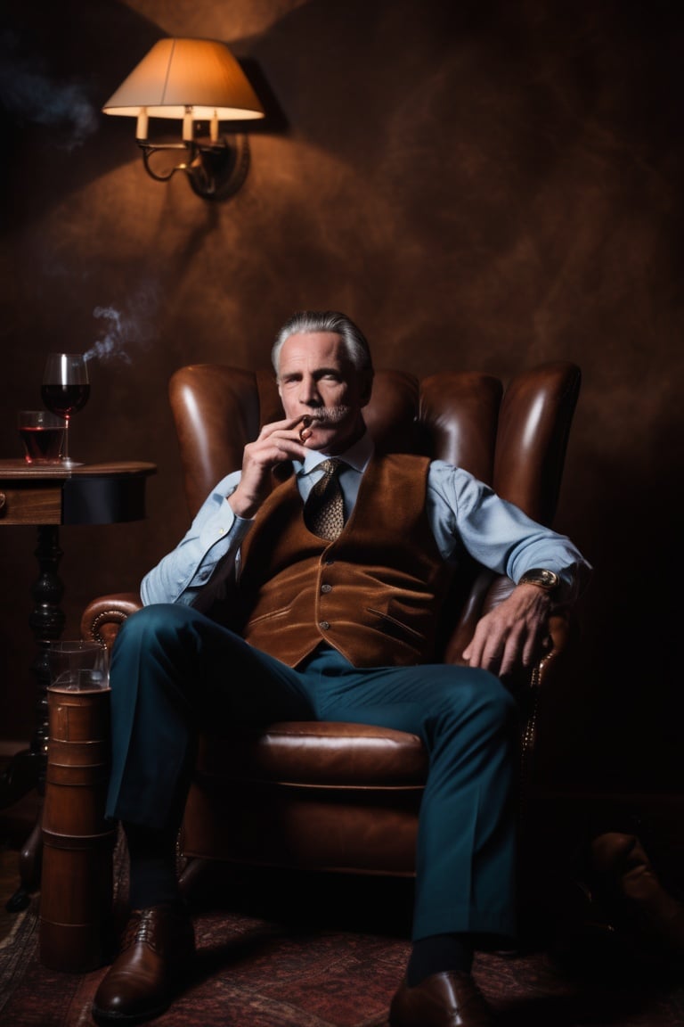 powerful man sitting on leather chair smoking cigar with wine glass in hand, hunting dog beside chair,