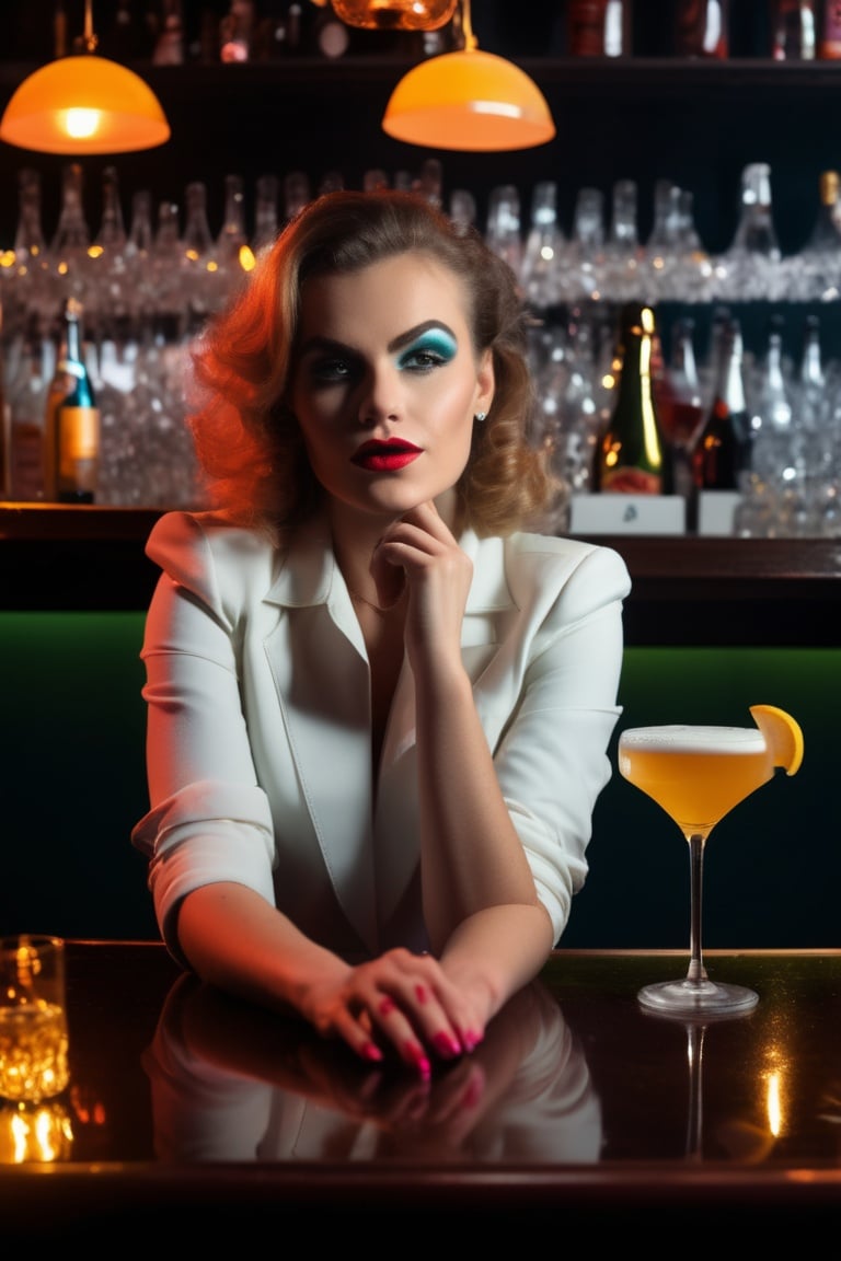 beauty girl sitting at bar 80s, bartender standing in front of bartender, glass of sparkling wine on table,