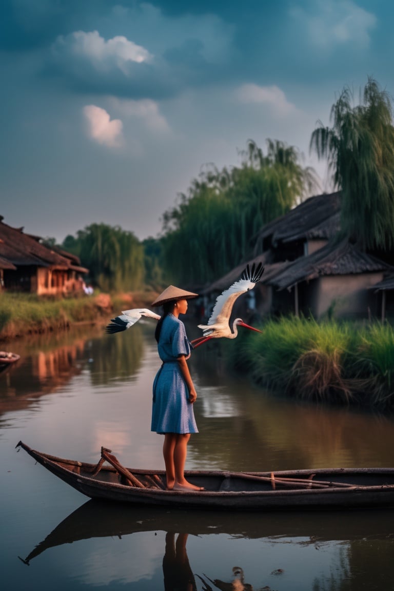 1girl standing on a small boat on the blue river, storks parked along the river banks, asian girl,
8k, UHD, HDR, (Masterpiece:1.5), (best quality:1.5),