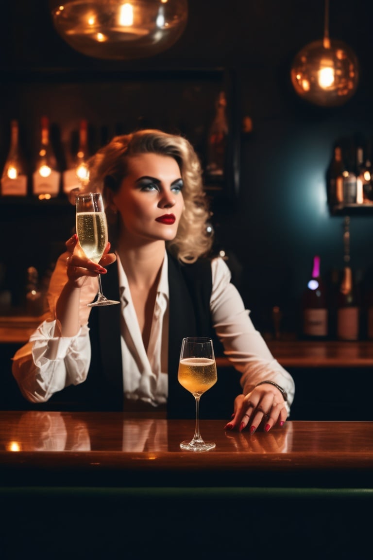 beauty girl sitting at bar 80s, bartender standing in front of bartender, glass of sparkling wine on table,