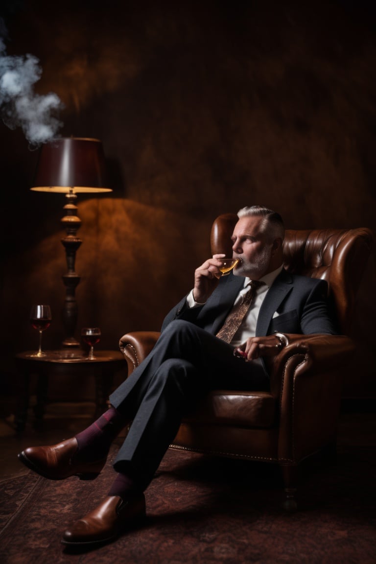 powerful man sitting on leather chair smoking cigar with wine glass in hand, hunting dog beside chair,