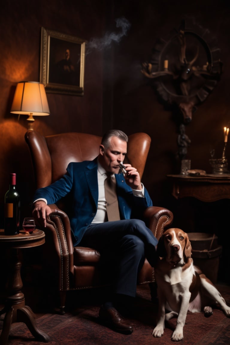 powerful man sitting on leather chair smoking cigar with wine glass in hand, hunting dog beside chair,