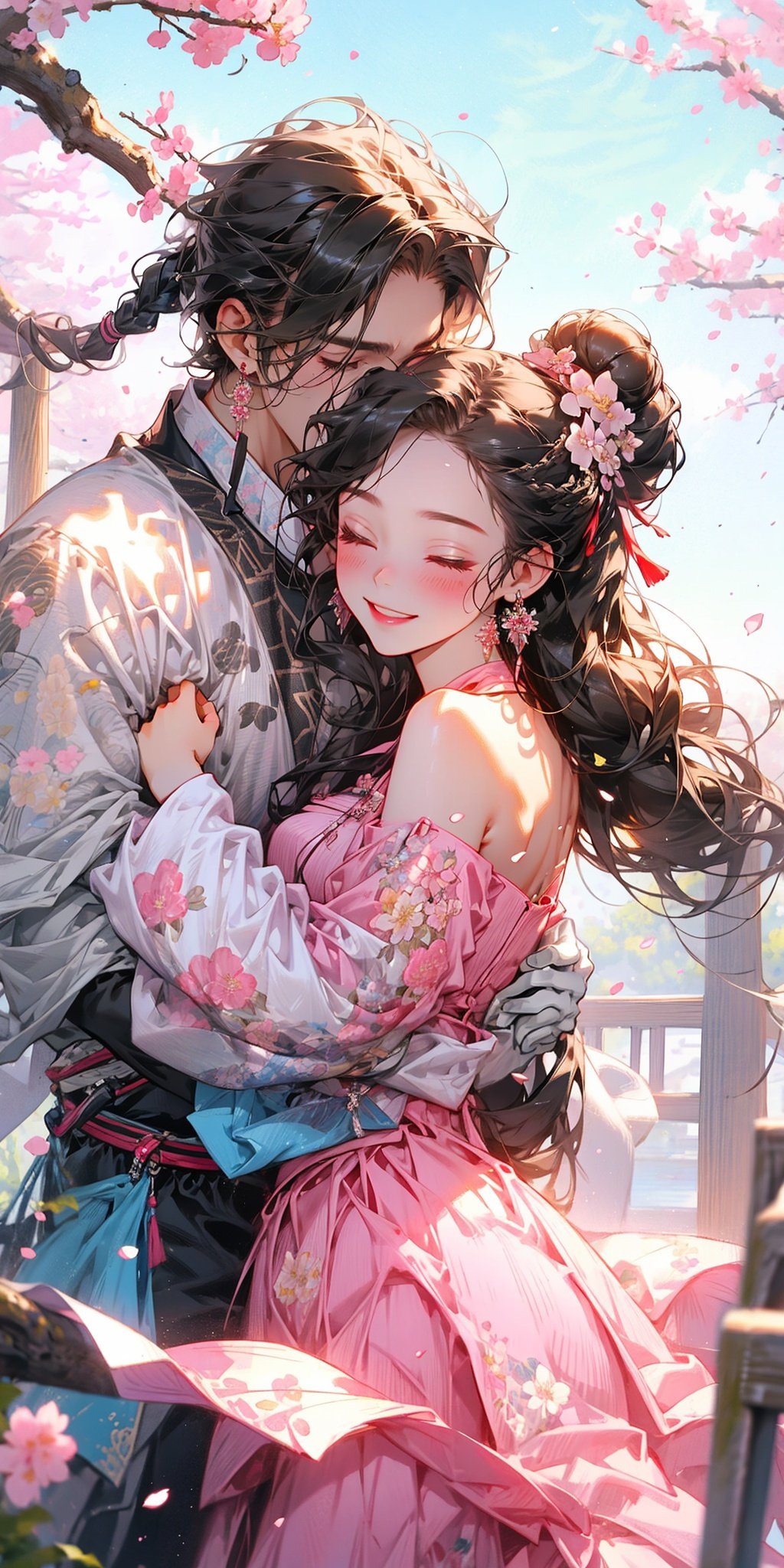 QX,long hair,hair ornament,dress,very long hair,outdoors,day,multiple boys,black hair,pink dress,flower,hair flower,petals,cherry blossoms,white hair,hetero,jewelry,floral print,1girl,chinese clothes,earrings,closed eyes,sky,long sleeves,white gloves,braid,gloves,wide sleeves,blue sky,ponytail,standing,hair bun,couple,looking at another,hug,smile,single hair bun,pink flower,hanfu,falling petals,bare shoulders,blurry <lora:QX1.0:0.8>,