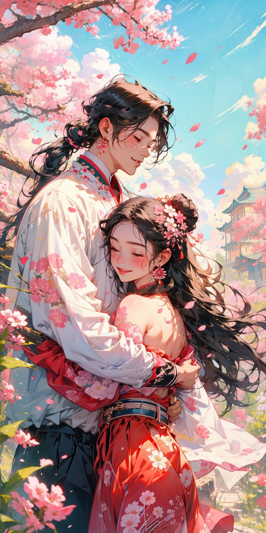 QX,long hair,hair ornament,dress,very long hair,outdoors,day,multiple boys,black hair,pink dress,flower,hair flower,petals,cherry blossoms,white hair,jewelry,floral print,1girl,chinese clothes,earrings,closed eyes,sky,long sleeves,white gloves,braid,gloves,wide sleeves,blue sky,ponytail,standing,hair bun,couple,looking at another,hug,smile,single hair bun,pink flower,hanfu,falling petals,bare shoulders,blurry <lora:QX1.0:0.6>,