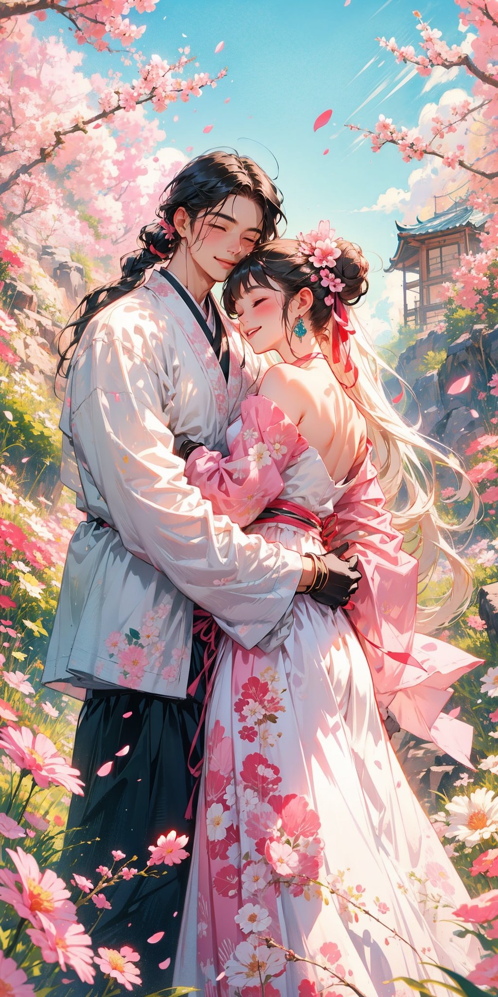 QX,long hair,hair ornament,dress,very long hair,outdoors,day,multiple boys,black hair,pink dress,flower,hair flower,petals,cherry blossoms,white hair,jewelry,floral print,1girl,chinese clothes,earrings,closed eyes,sky,long sleeves,white gloves,braid,gloves,wide sleeves,blue sky,ponytail,standing,hair bun,couple,looking at another,hug,smile,single hair bun,pink flower,hanfu,falling petals,bare shoulders,blurry <lora:QX1.0:0.4>,