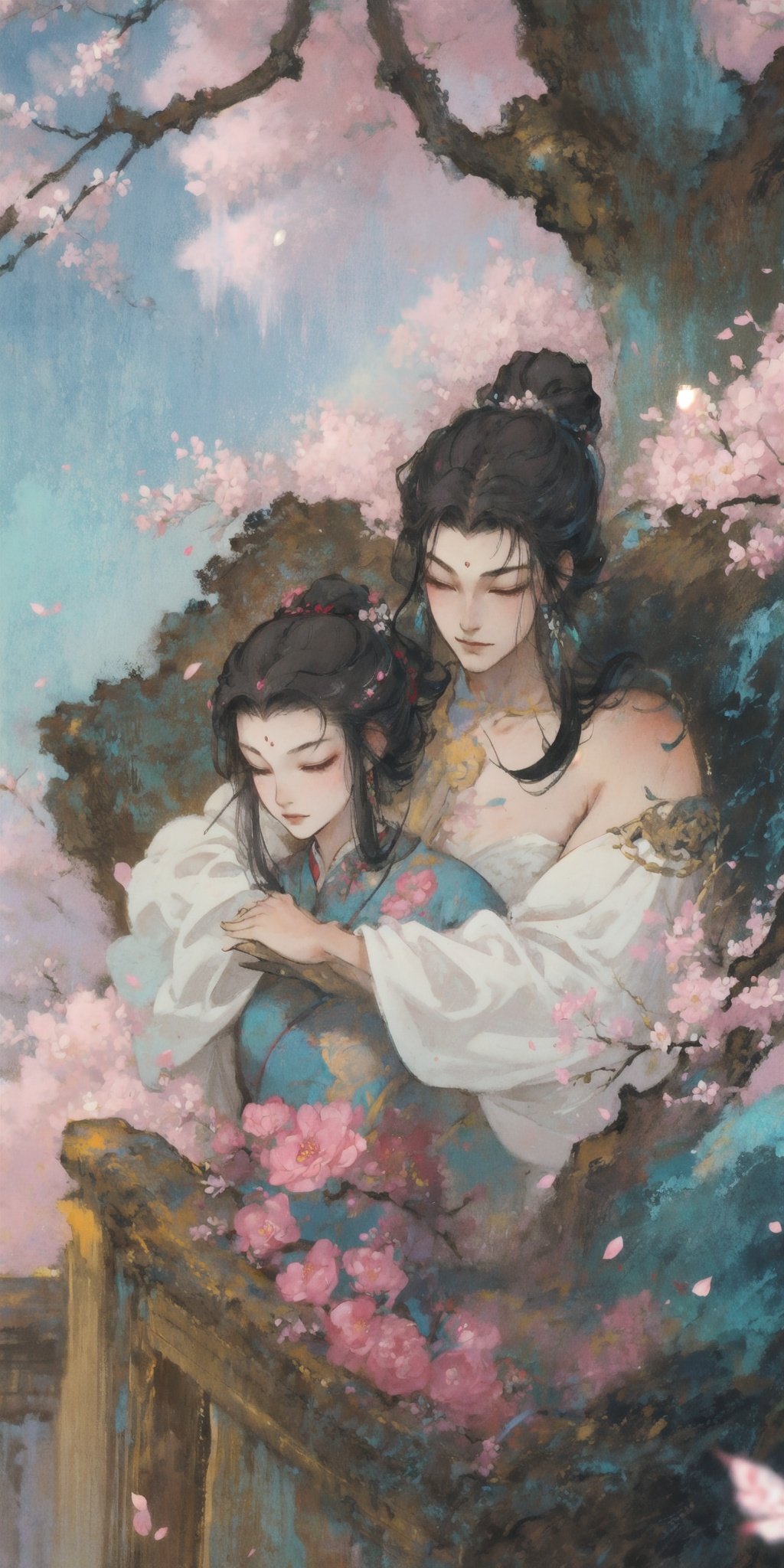 QX,long hair,hair ornament,dress,very long hair,outdoors,day,multiple boys,black hair,pink dress,flower,hair flower,petals,cherry blossoms,white hair,jewelry,floral print,1girl,chinese clothes,earrings,closed eyes,sky,long sleeves,white gloves,braid,gloves,wide sleeves,blue sky,ponytail,standing,hair bun,couple,looking at another,hug,smile,single hair bun,pink flower,hanfu,falling petals,bare shoulders,blurry, <lora:QX1.0:0.2>