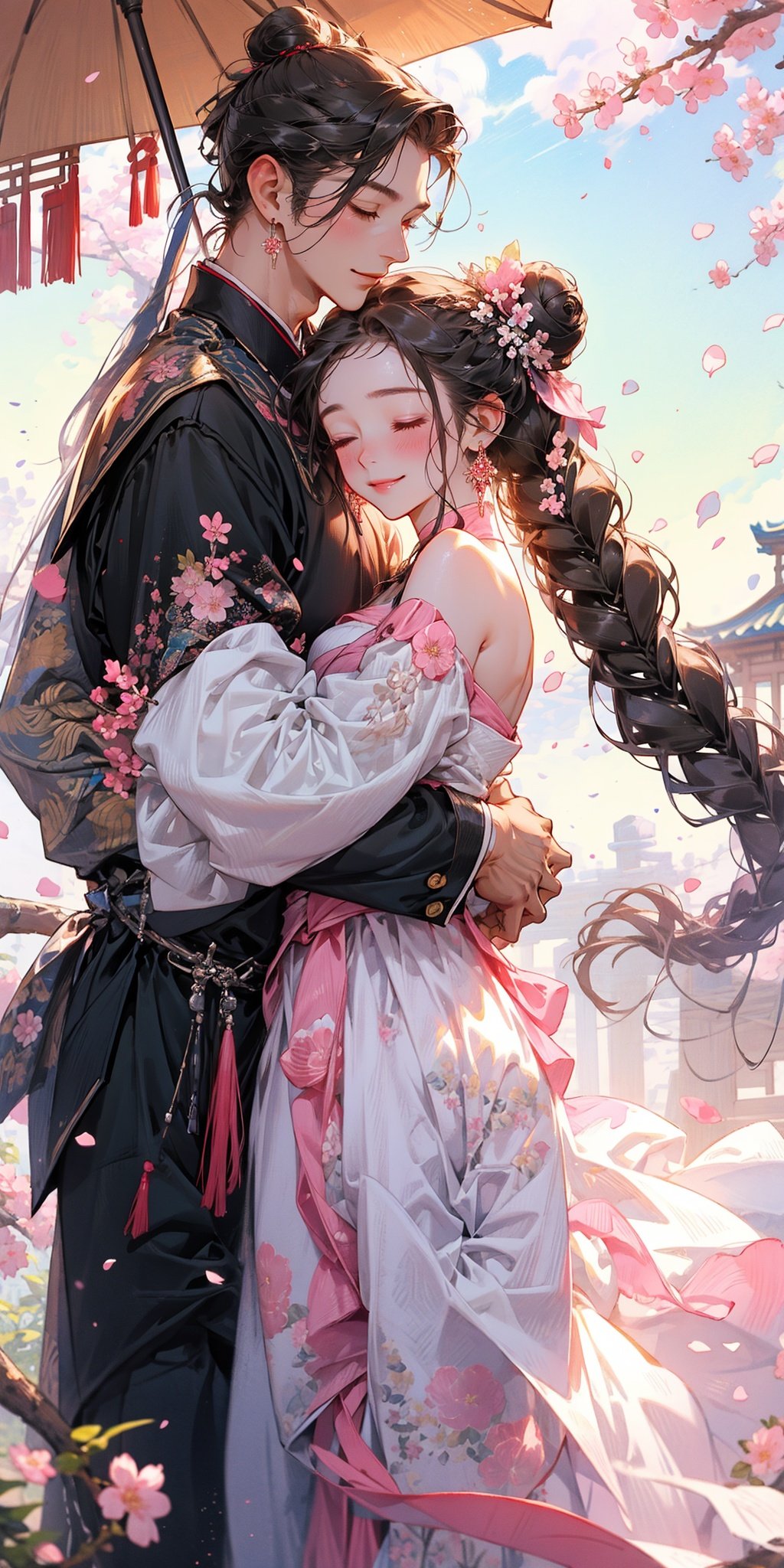 QX,long hair,hair ornament,dress,very long hair,outdoors,day,multiple boys,black hair,pink dress,flower,hair flower,petals,cherry blossoms,white hair,hetero,jewelry,floral print,1girl,chinese clothes,earrings,closed eyes,sky,long sleeves,white gloves,braid,gloves,wide sleeves,blue sky,ponytail,standing,hair bun,couple,looking at another,hug,smile,single hair bun,pink flower,hanfu,falling petals,bare shoulders,blurry <lora:QX1.0:0.6>,