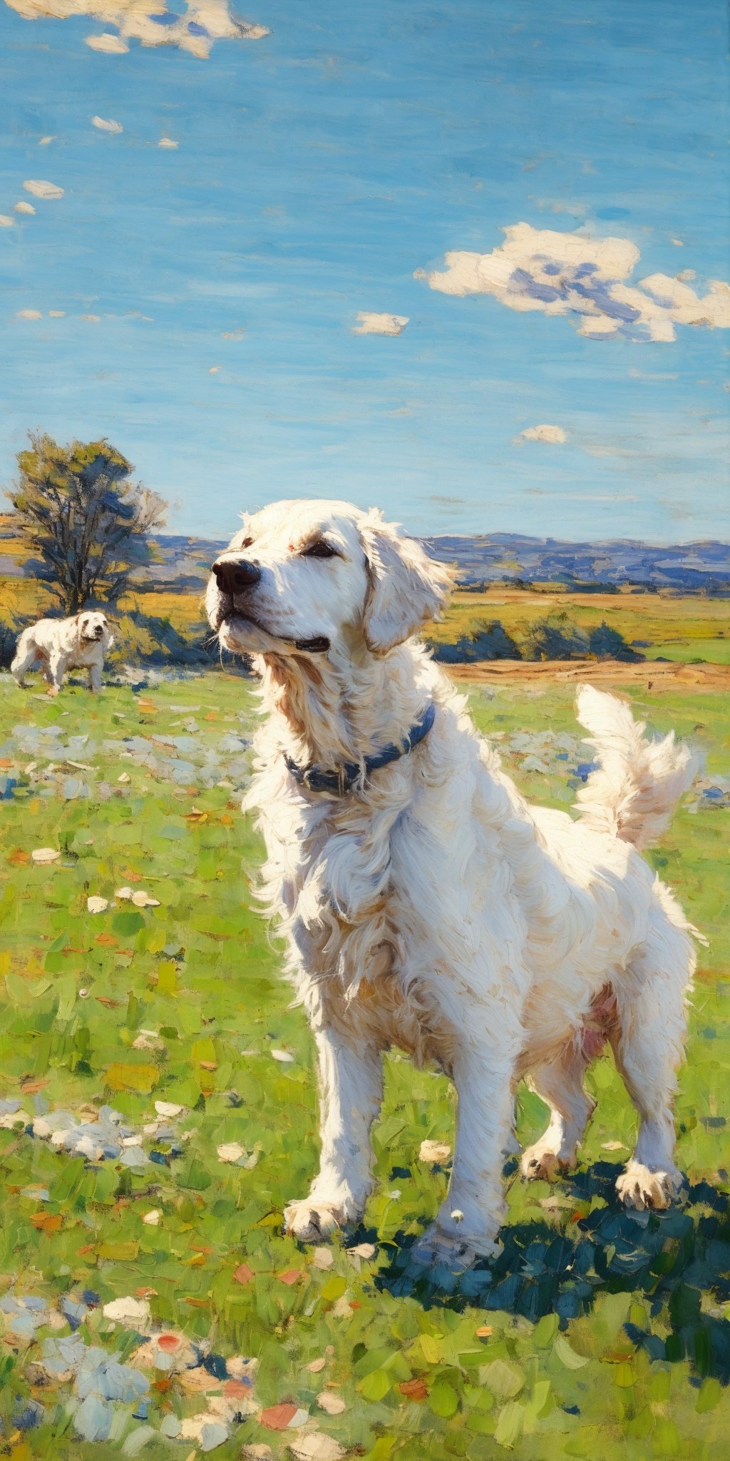 yinxiang, no humans, outdoors, dog, day, sky, blue sky, field, faux traditional media, animal focus, traditional media, animal, grass, painting ,medium <lora:YinXiang_1.0:0.8>,