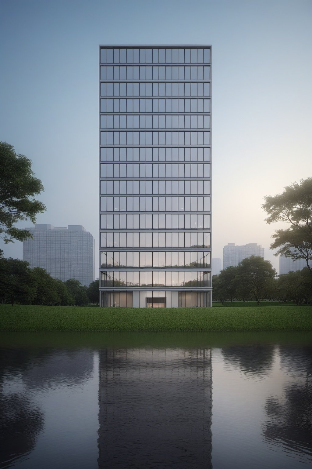 (masterpiece), best quality,8K,no humans, outdoors,bangonglou,office building,scenery, outdoors, sky,tree, reflection,grass, day,water, building,window,  <lora:ZSofficeV1.0-000048:0.5>