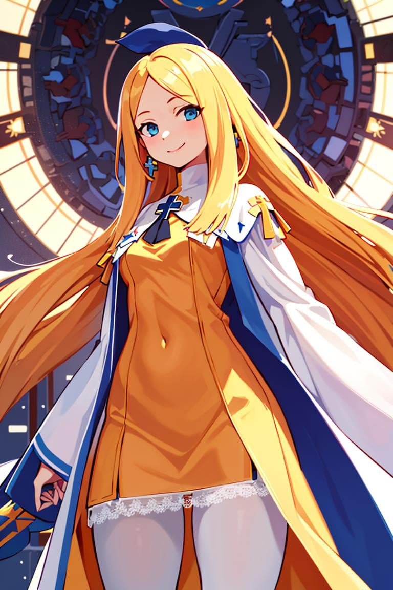 ((masterpiece,best quality)), absurdres,<lora:Alouette_La_Pucelle:0.7>, Alouette_La_Pucelle, blonde, (white robe), very long hair, cross, pantyhose, yellow shirt,solo, smiling, looking at viewer, cowboy shot,cinematic composition, dynamic pose,