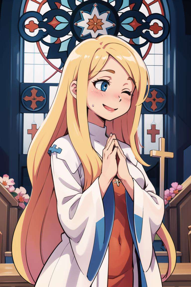 ((masterpiece,best quality)), absurdres,<lora:Alouette_La_Pucelle_Anime:0.8>, blonde, robe, very long hair, cross,  solo, eyes closed praying, smiling, blushing, upper body, church background, cinematic composition, dynamic pose,