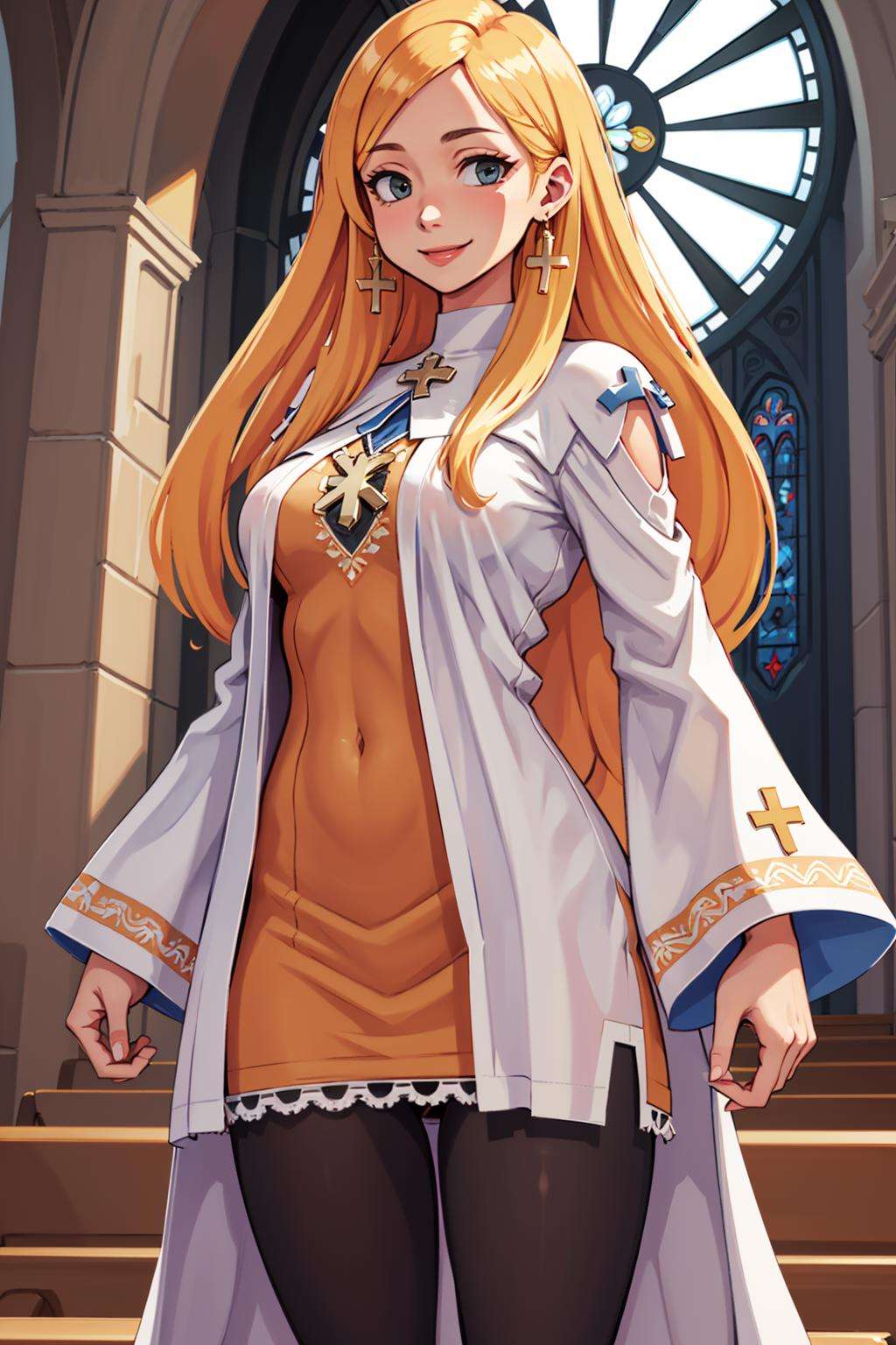 ((masterpiece,best quality)), absurdres,<lora:Alouette_La_Pucelle_Anime:0.9>, blonde, robe, very long hair, cross, pantyhose, solo, smiling, looking at viewer, cowboy shot, church background, cinematic composition, dynamic pose, 