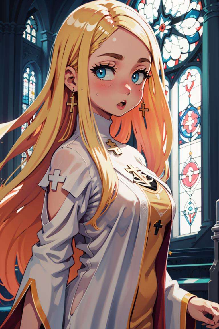 ((masterpiece,best quality)), absurdres,<lora:Alouette_La_Pucelle_Anime:0.8>, blonde, robe, very long hair, cross,  solo, :o, blushing, looking at viewer, upper body, church background, cinematic composition, dynamic pose,, <lora:beautiful detailed eyes:0.7>, beautiful detailed eyes,